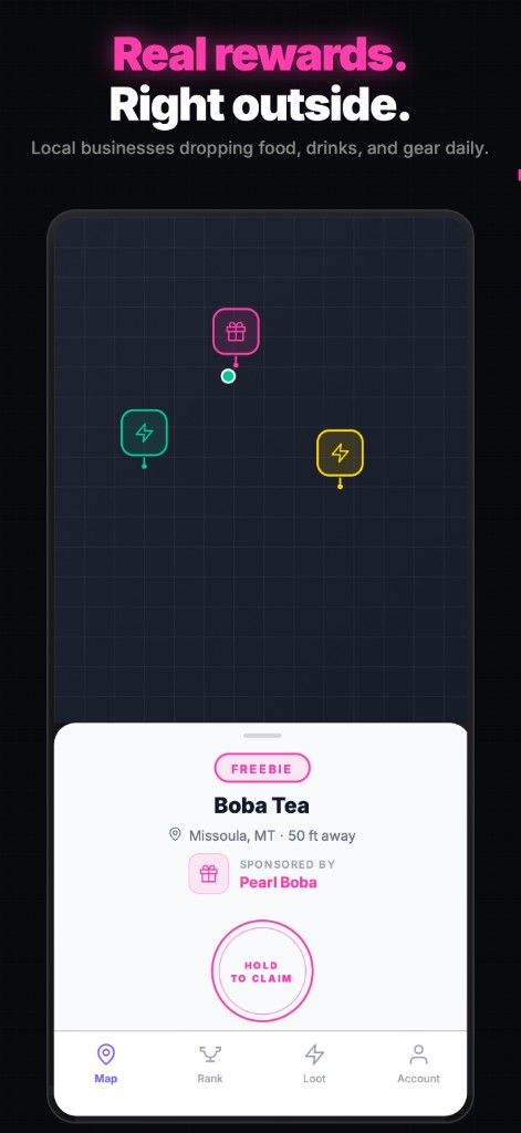 Marketing: "Real rewards" — boba freebie on the map